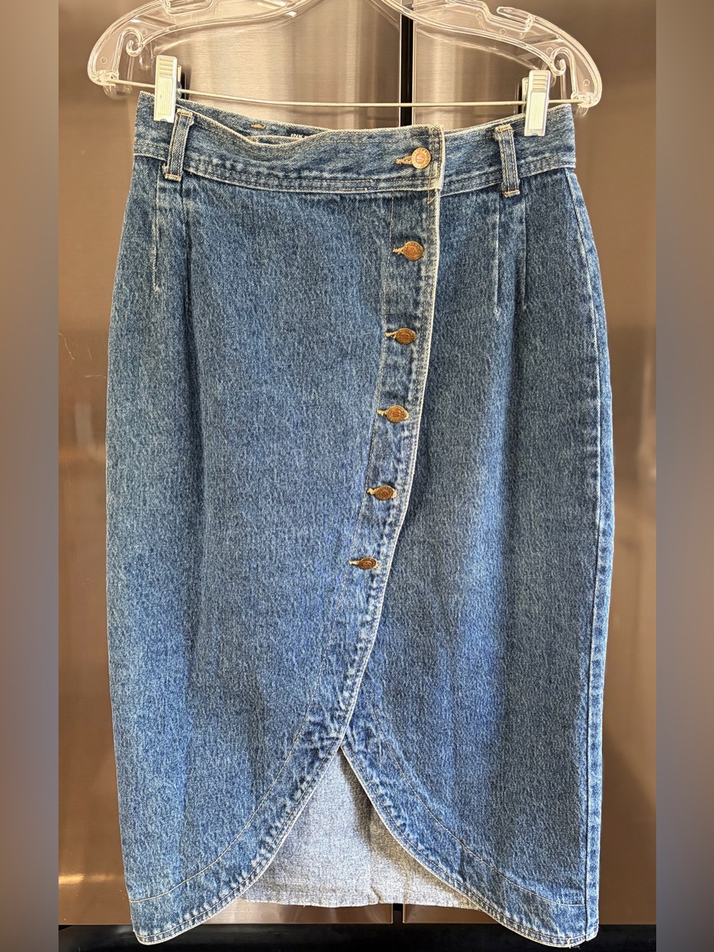 Vintage 90s Squeeze Denim Button Tulip Hem Pencil Midi Skirt Sz 13/14